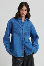 Load image into Gallery viewer, SECOND FEMALE Cornelia Denim Shirt with Appliqué Flowers Blue