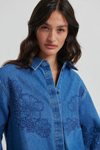Load image into Gallery viewer, SECOND FEMALE Cornelia Denim Shirt with Appliqué Flowers Blue