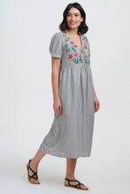 Load image into Gallery viewer, SUGARHILL Ruby Midi Smock Dress Monochrome Stripe Garden Floral