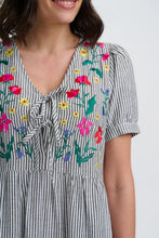 Load image into Gallery viewer, SUGARHILL Ruby Midi Smock Dress Monochrome Stripe Garden Floral