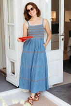 Load image into Gallery viewer, SUGAR HILL Murren Shirred Midi Dress Washed Blue Denim