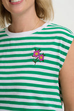 Load image into Gallery viewer, SUGAR HILL Chrissy Relaxed Tank T Shirt White/Green Stripes Floral Sprig