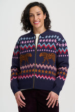 Load image into Gallery viewer, SUGAR HILL Katlin Knitted Bomber Jacket Navy Walking Leopard