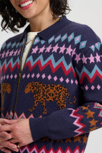 Load image into Gallery viewer, SUGAR HILL Katlin Knitted Bomber Jacket Navy Walking Leopard