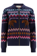 Load image into Gallery viewer, SUGAR HILL Katlin Knitted Bomber Jacket Navy Walking Leopard