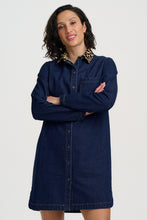 Load image into Gallery viewer, SUGAR HILL Ilsa Denim Dress Indigo Denim Leopard Collar