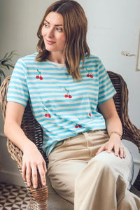 Sugar Hill  Maggie T Shirt  Blue/White Cherry Embroidery