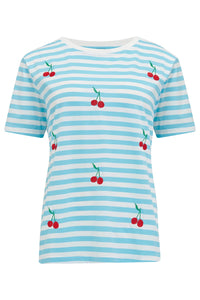 Sugar Hill  Maggie T Shirt  Blue/White Cherry Embroidery