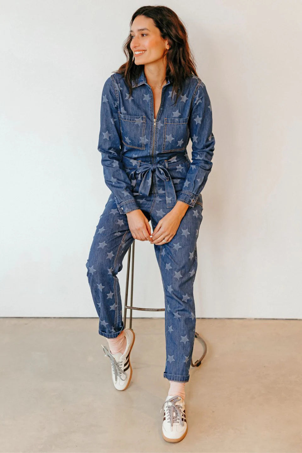 SUGARHILL. Anwen Boilersuit Mid Blue Denim Bleached Stars