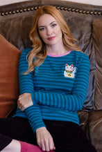 Load image into Gallery viewer, SUGAR HILL Brunswick Jersey Top Blue/Green Lucky Cat
