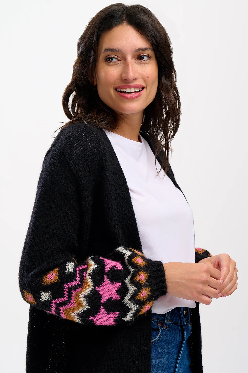 Sugar Hill. Yvette Cardigan Black Fairisle Sleeve