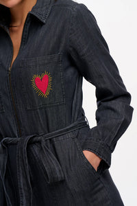 SugarHill. Anwen Boiler Suit Washed Black Heart Burst