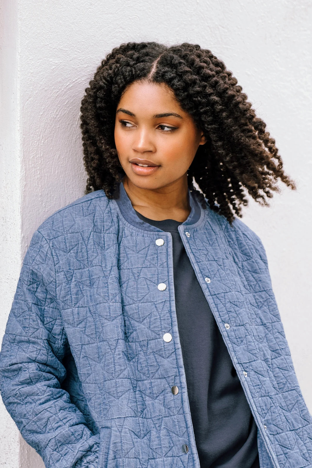 SugarHill. Kinga Quilted Bomber Jacket Light Blue Denim