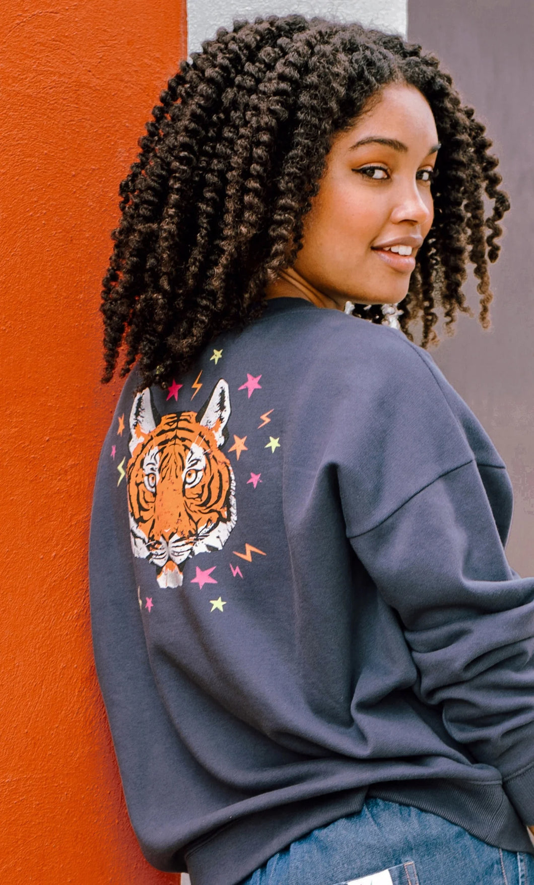 SugarHill. Eadie Relaxed Sweatshirt  Charcoal Tiger and Stars