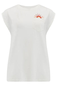 SugarHill. Chrissy Relaxed Tank T Shirt Off White,Sunset Waves