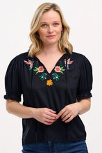 Load image into Gallery viewer, SugarHill. Angelique Shirred Top Black,Tropical Humming Bird