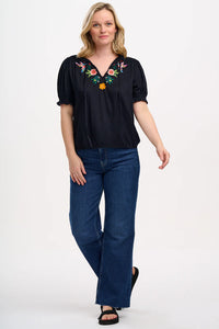 SugarHill. Angelique Shirred Top Black,Tropical Humming Bird